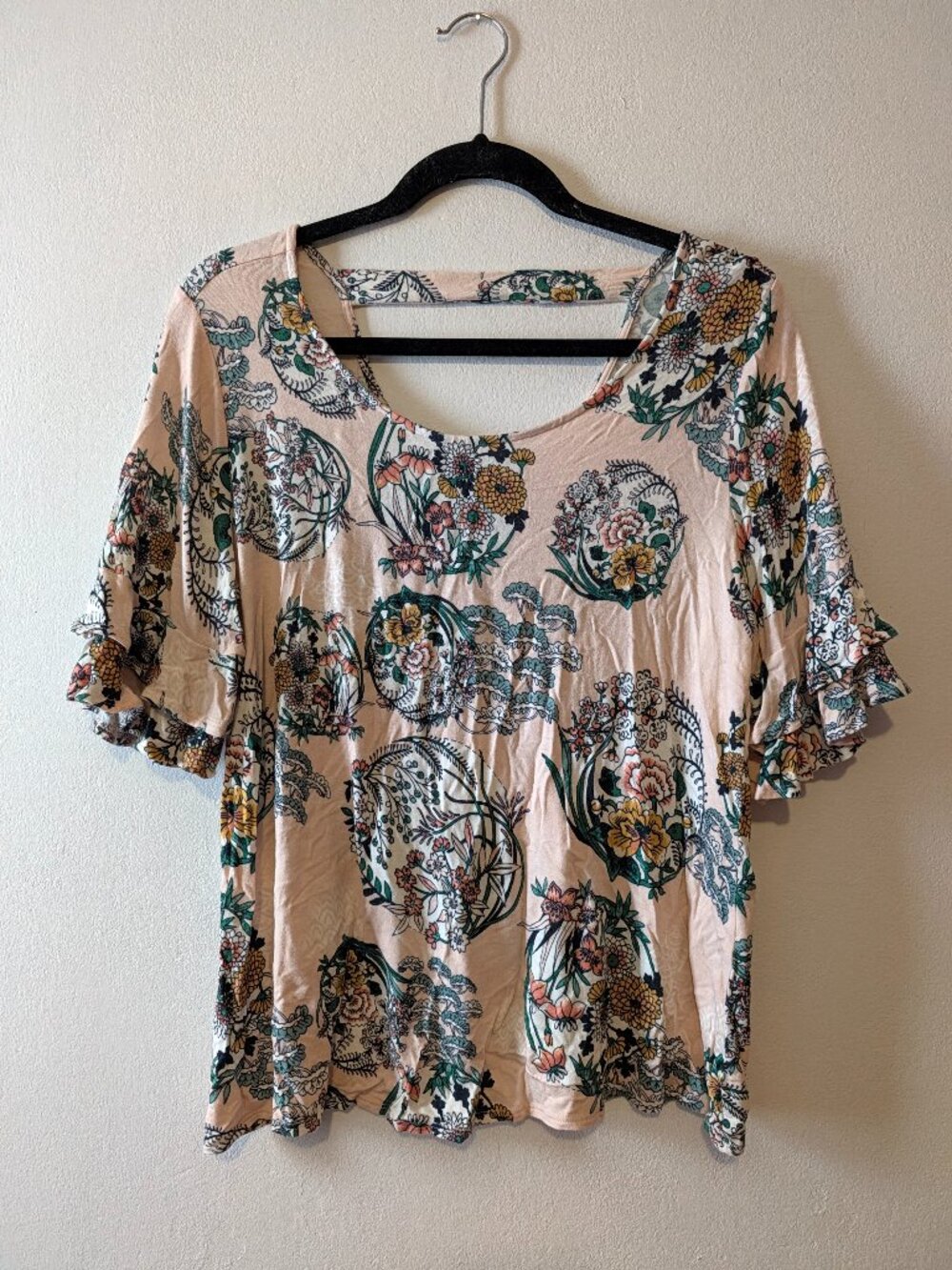 maurices 24/7 Floral Ruffle Sleeve Strappy Back Top Blush Pink Medium